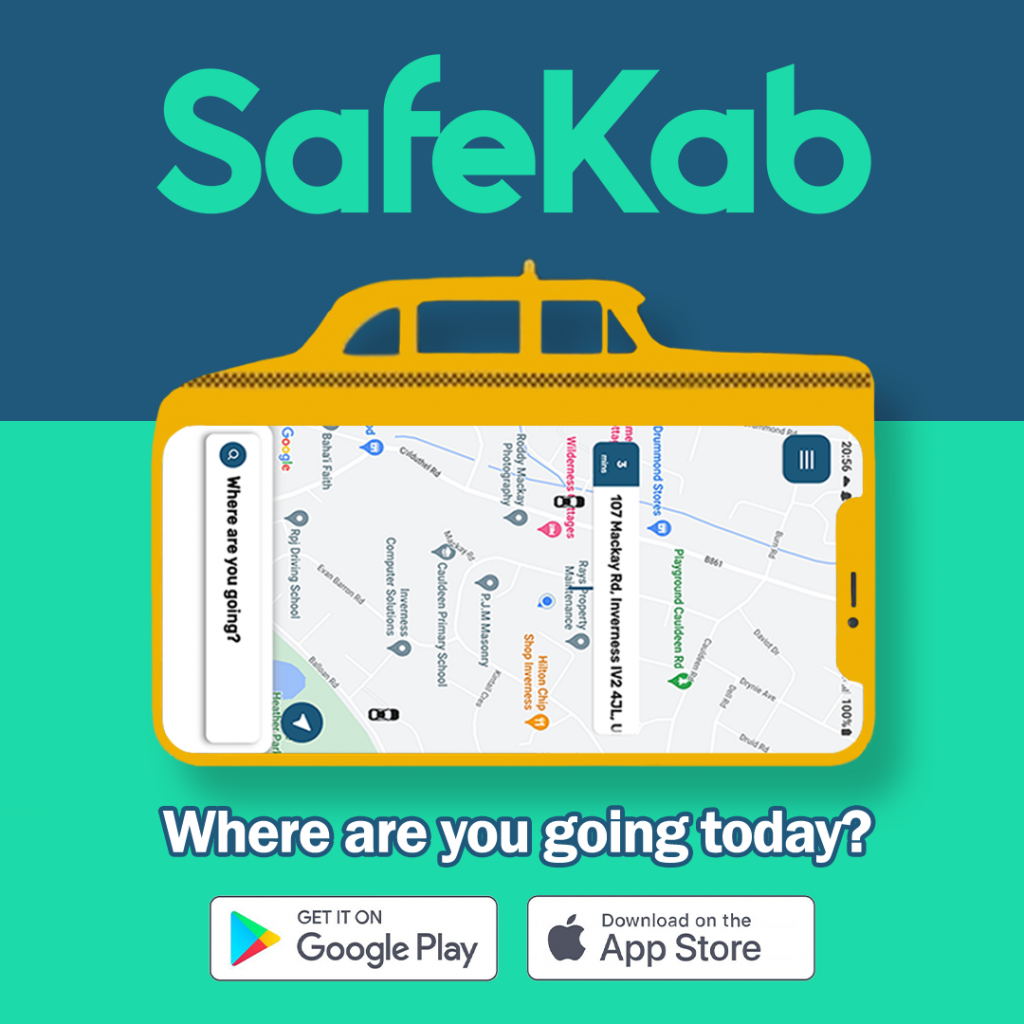 A yellow taxi and mobile phone advertising SafeKab and SafeWalk