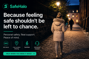 Woman walking home safely at night using the SafeHalo personal safety app for reassurance, SafeWalk and live location sharing.