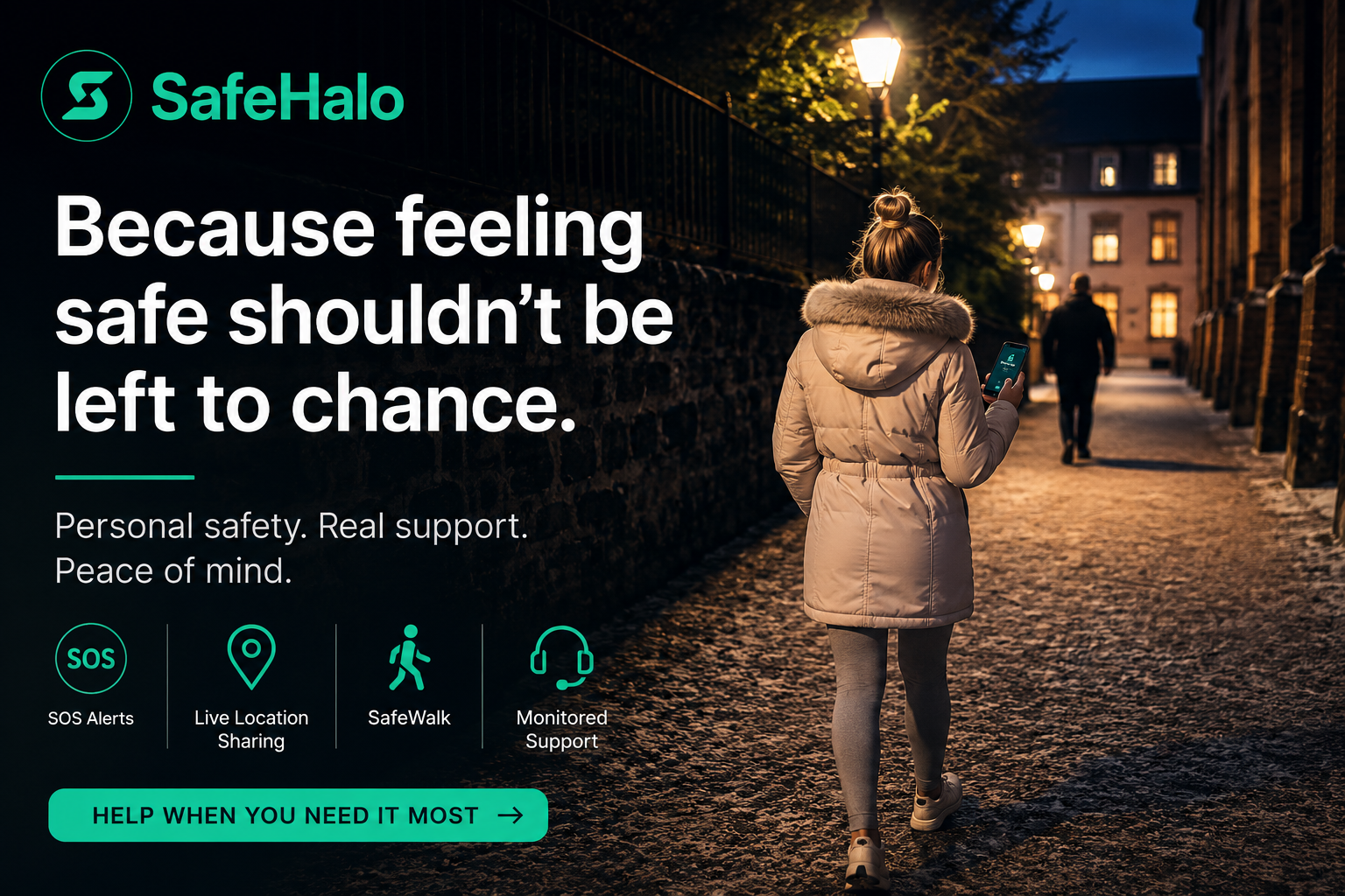 Woman walking home safely at night using the SafeHalo personal safety app for reassurance, SafeWalk and live location sharing.