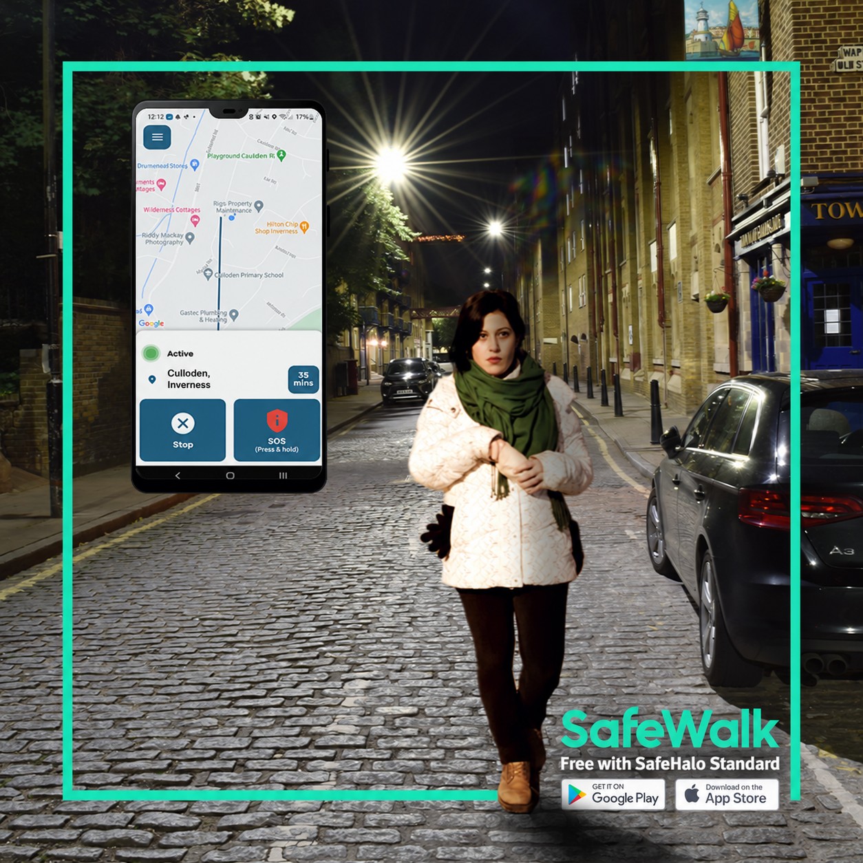 Woman walking along a lit street at night beside a SafeWalk app illustration, free with SafeHalo Standard